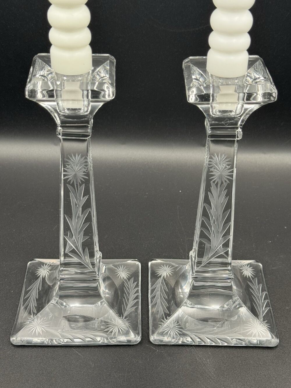 Heisey Aristocrat Hughes Cornflower Cut Glass Candlesticks Set of 2 Marked